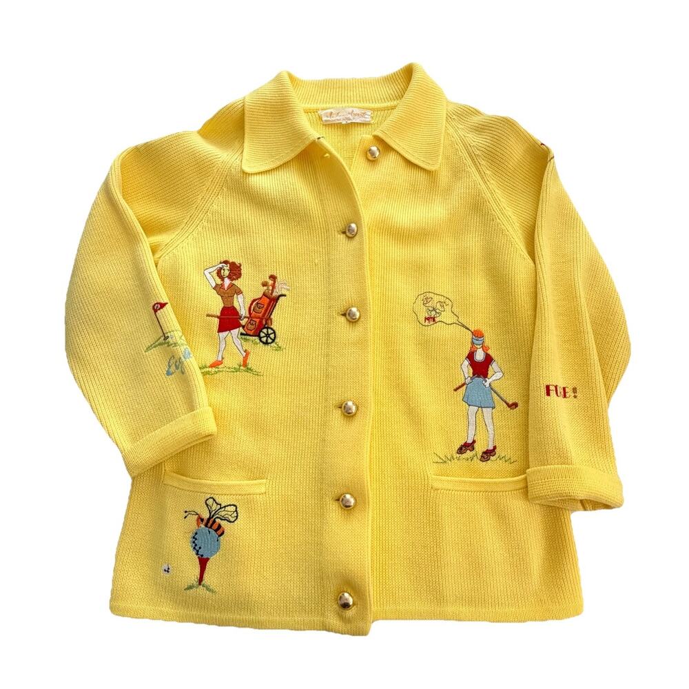 Andreno Argenti Cardigan Womens Large Yellow Golf Sweater Preppy Grandmacore VTG